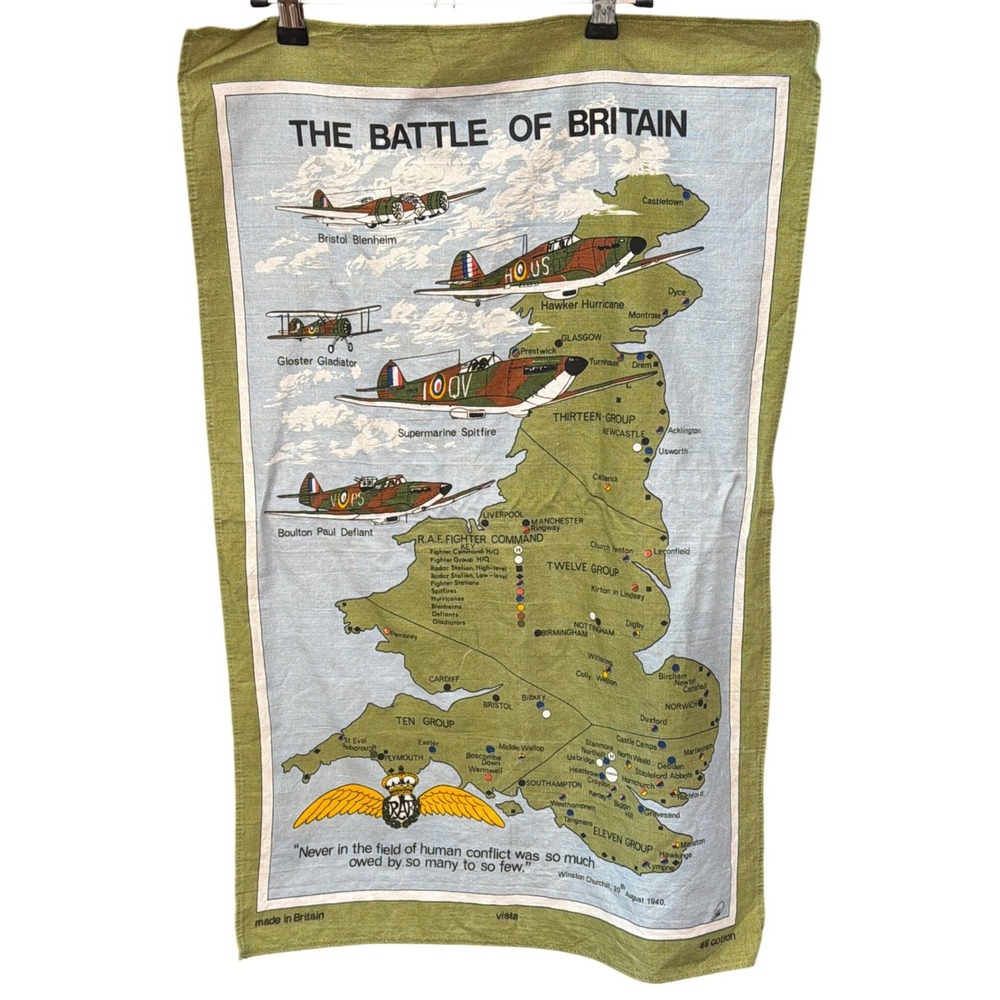 Vintage Vista Tea Towel Battle of Britain RAF Military History WWII Decor Retro